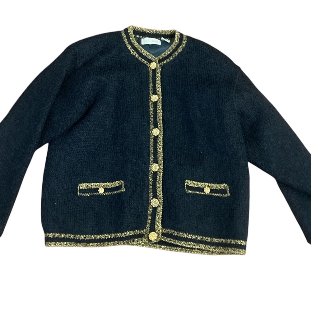 Vintage Chanel-Style FREDINI Black Cardigan w/ gorgeous, gold trim- M